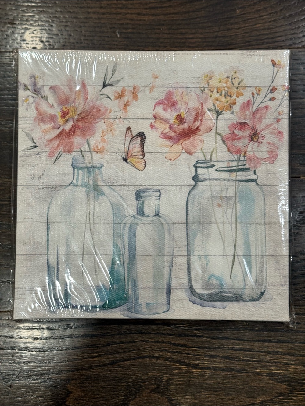 Floral Mason Jar Wall Art - Pink Flowers and Blue Jars